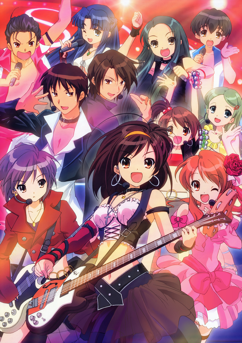 6+girls absurdres asahina_mikuru asakura_ryouko earrings fishnet_pantyhose fishnets guitar highres ikeda_shouko instrument jewelry kimidori_emiri koizumi_itsuki kunikida kyon kyon_no_imouto multiple_boys multiple_girls nagato_yuki official_art pantyhose scan suzumiya_haruhi suzumiya_haruhi_no_yuuutsu taniguchi tsuruya