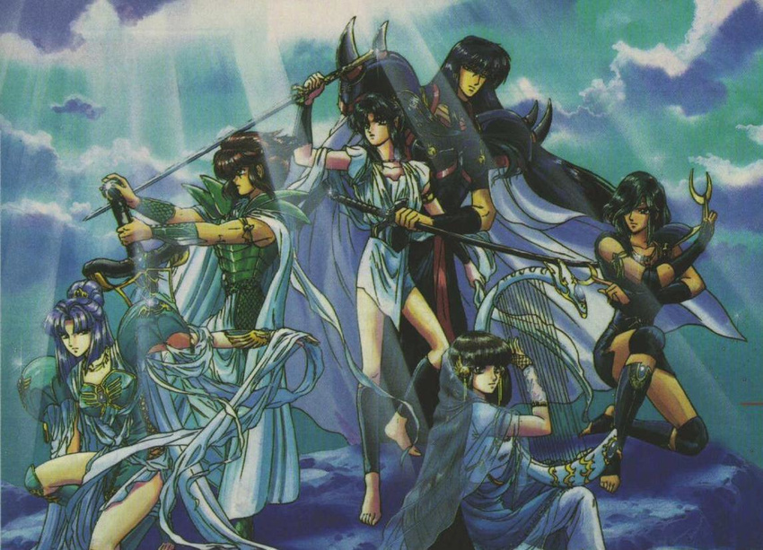 4girls androgynous armor ashura barefoot black_hair character_request clamp cloud cloudy_sky fighting_stance full_body kendappa-ou light_rays long_sleeves multiple_boys multiple_girls outdoors rg_veda rock shin_guards short_hair shoulder_pads sky standing sunlight toeless_legwear unsheathed yasha-ou