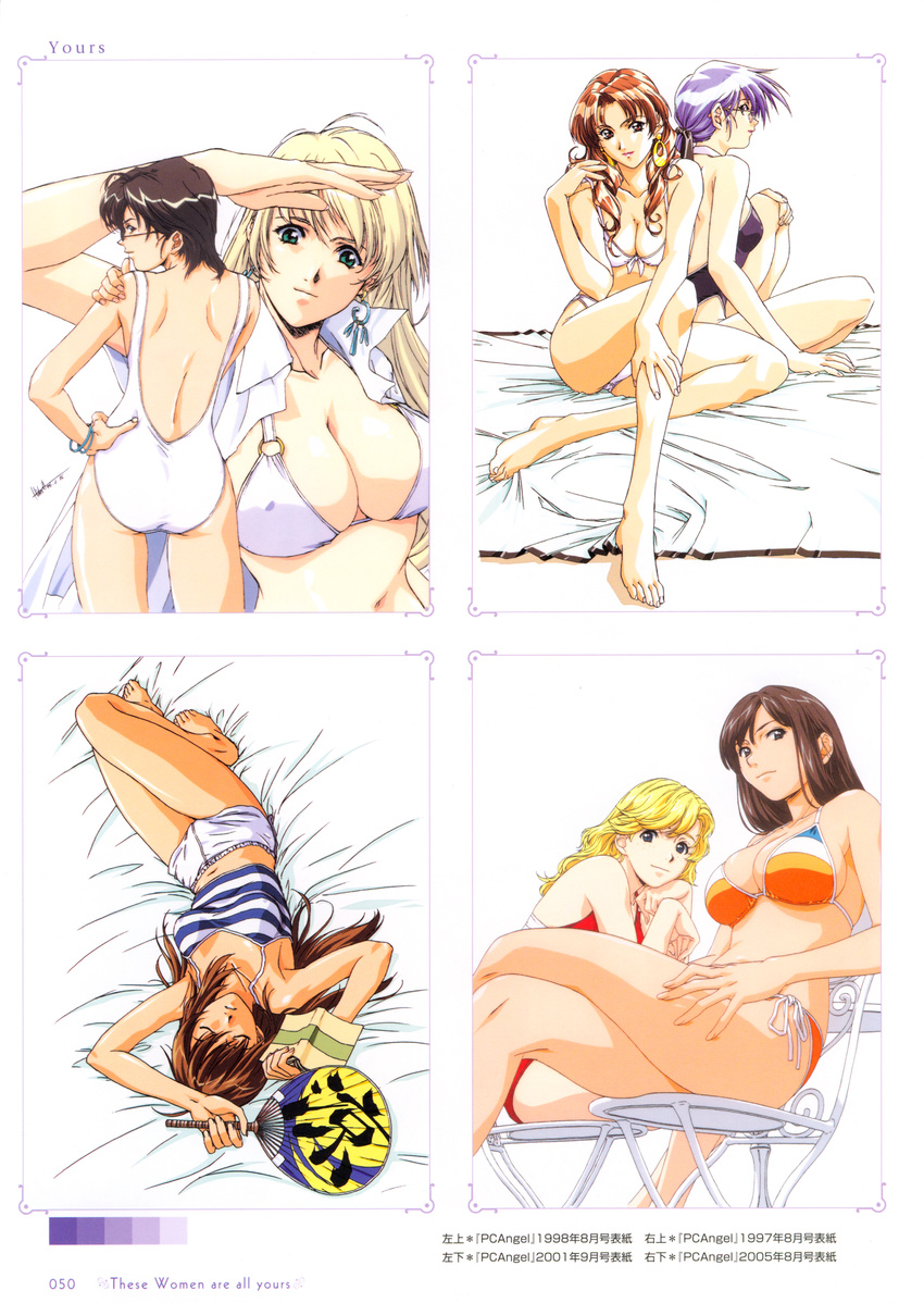 absurdres bed bikini blonde_hair breasts brown_hair camisole casual_one-piece_swimsuit cleavage closed_eyes crossed_legs earrings fan feet glasses green_eyes hand_on_hip highres horibe_hiderou jewelry large_breasts midriff multiple_girls navel one-piece_swimsuit original paper_fan purple_hair shirt short_shorts shorts side-tie_bikini sitting striped striped_shirt swimsuit uchiwa