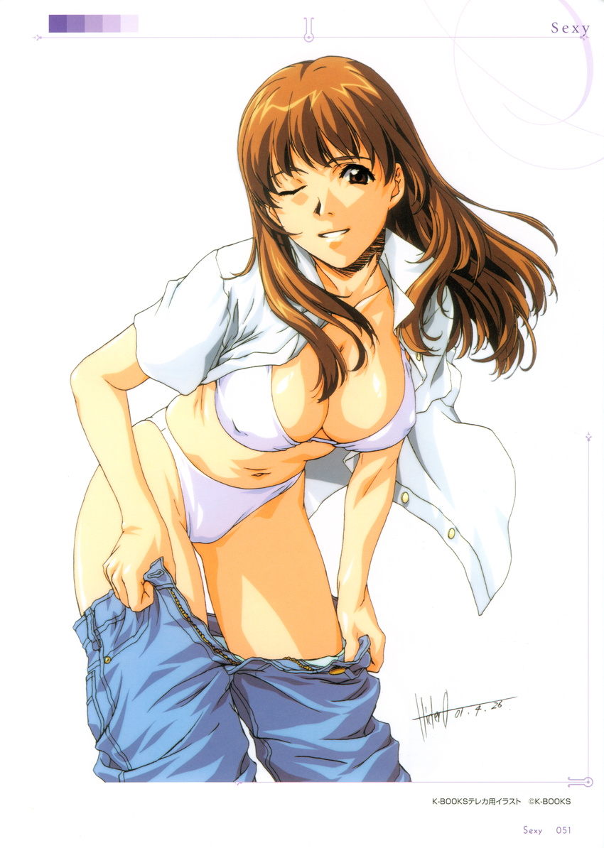absurdres bra breasts brown_eyes brown_hair cleavage denim highres horibe_hiderou jeans large_breasts lingerie midriff navel one_eye_closed open_clothes open_shirt original panties pants shirt simple_background solo underwear undressing