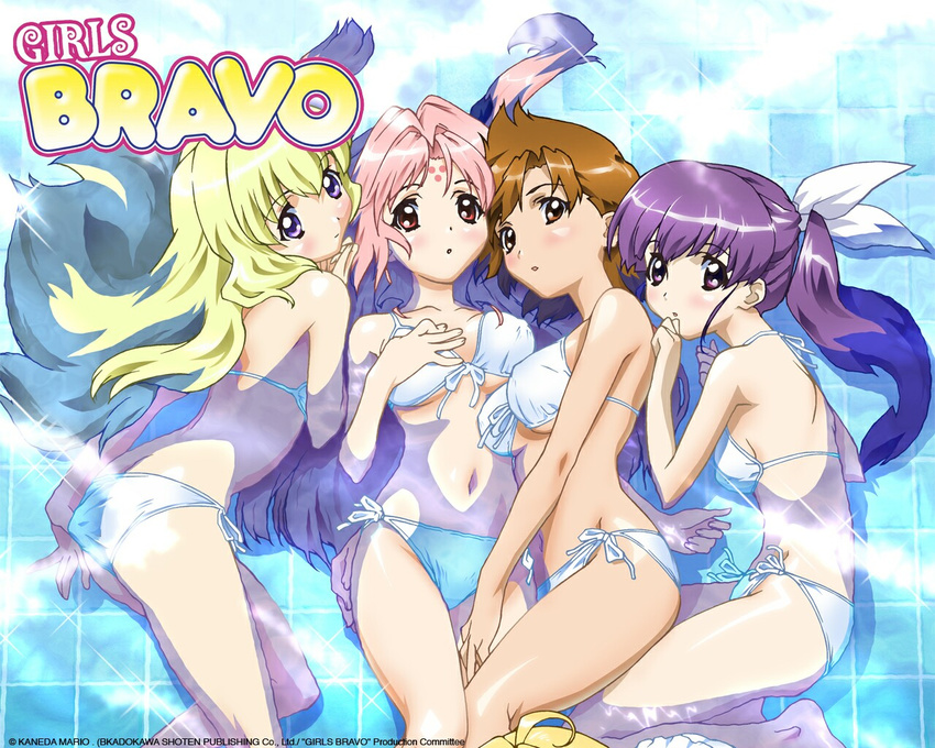 adjusting_clothes adjusting_swimsuit ass barefoot bikini blonde_hair blush breasts brown_eyes brown_hair covered_nipples feet fukuyama_lisa girls_bravo hair_ribbon kojima_kirie koyomi_hare_nanaka long_hair lying makino_ryuuichi medium_breasts miharu_sena_kanaka multiple_girls navel open_mouth pink_eyes pink_hair ponytail purple_eyes purple_hair ribbon side-tie_bikini submerged swimsuit underboob wallpaper water wet