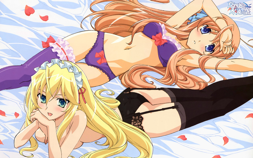 :d aqua_eyes armpits arms_up ass bangs bed_sheet black_legwear black_panties blonde_hair blue_eyes blush bow bow_bra bow_panties bra breast_press breasts chin_rest copyright_name crossed_legs flat_ass frilled_bra frills from_above garter_belt hair_between_eyes hair_spread_out hand_in_hair hand_on_head highres indoors iwasaki_taisuke kyoushirou_to_towa_no_sora lace lace-trimmed_panties leg_garter lingerie long_hair looking_at_viewer lying maid_headdress medium_breasts multiple_girls navel official_art on_back on_stomach open_mouth orange_hair panties parted_lips petals purple_bra purple_legwear purple_panties ribbon see-through setsuna_(kyoushirou) shiratori_kuu sideboob sidelocks smile thigh_gap thighhighs topless underwear underwear_only very_long_hair wallpaper widescreen