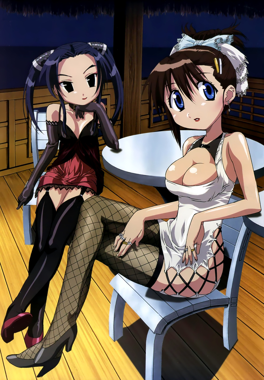 absurdres alternate_hairstyle ayane_(nagasarete_airantou) black_hair black_legwear blue_eyes breasts chair chin_rest cleavage cleavage_cutout collar crossed_legs dress earrings elbow_gloves fishnet_legwear fishnets flat_chest garter_straps gloves hair_ornament hair_ribbon hair_up hairclip high_heels highres jewelry lace large_breasts lipstick makeup megami multiple_girls nagasarete_airantou night night_sky ribbon ring scan shoes short_dress sitting sky smile suzu_(nagasarete_airantou) table thighhighs twintails zettai_ryouiki