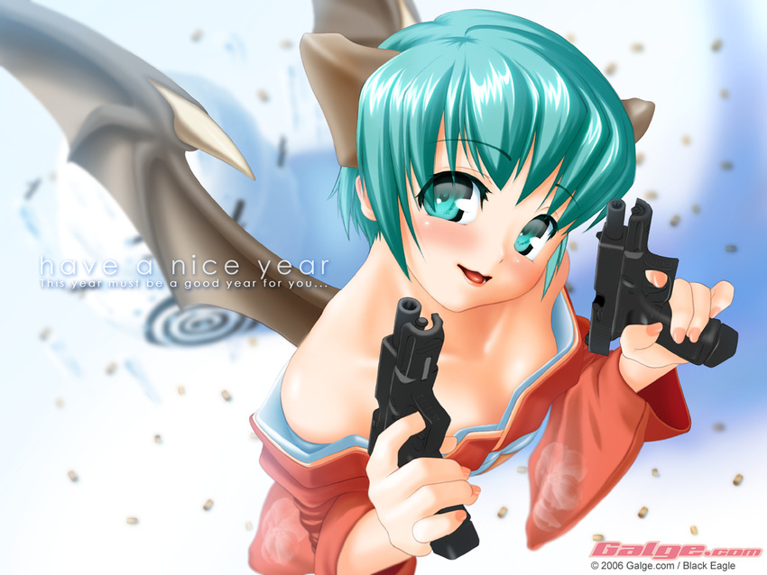 aqua_eyes aqua_hair bat_wings black_eagle demon_girl dual_wielding finger_on_trigger galge.com glock gun handgun holding holding_gun holding_weapon locked_slide pistol shell_casing solo weapon wings