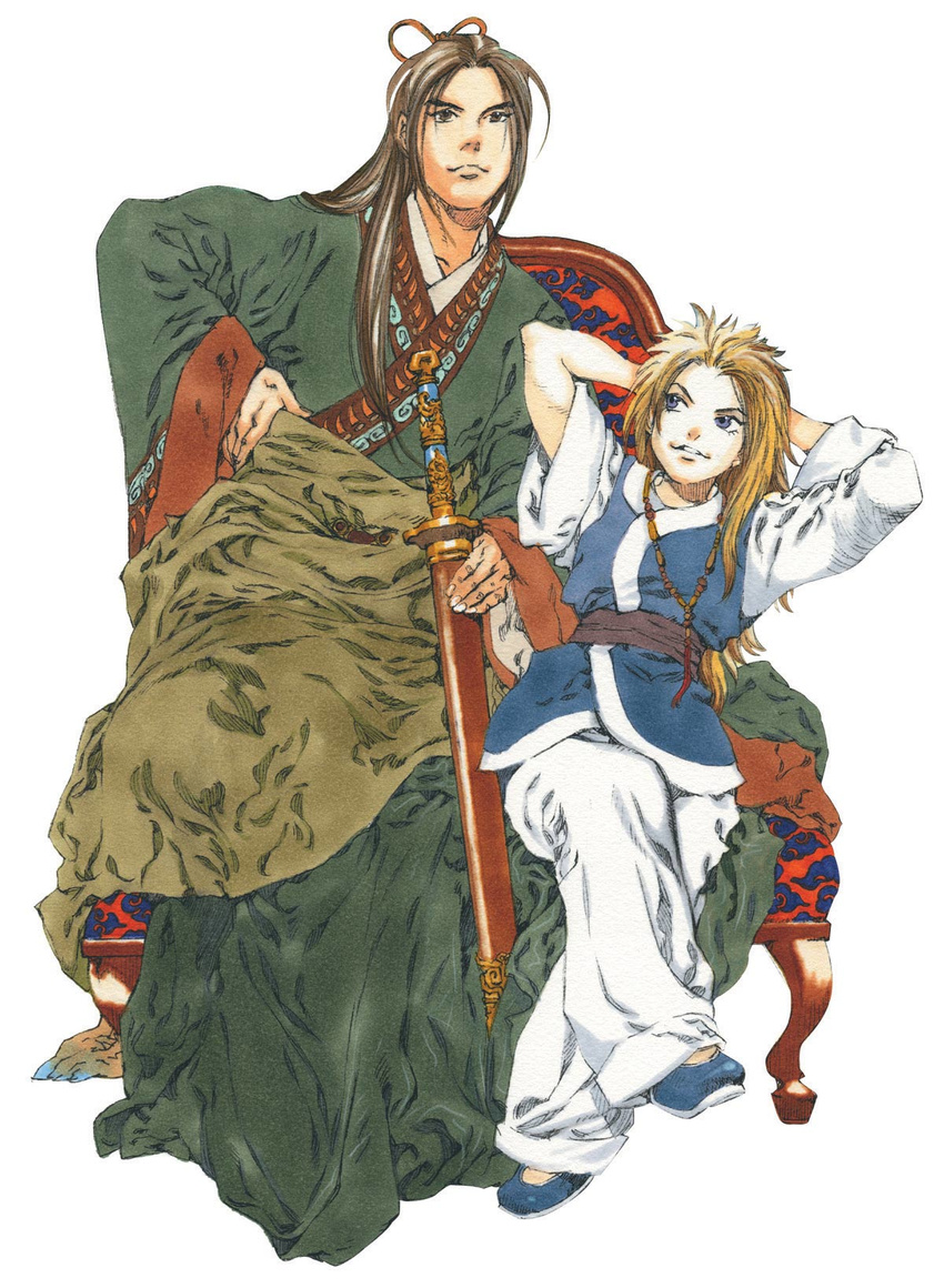 arms_behind_head bead_necklace beads blanket blonde_hair blue_eyes blue_footwear brown_eyes brown_hair chair chinese_clothes closed_mouth enki flats full_body hair_ornament hand_on_hip hanfu highres holding holding_sword holding_weapon jewelry juuni_kokuki king_en leaning_back long_hair long_sleeves looking_away male_focus multiple_boys necklace official_art pants pants_rolled_up parted_lips sash scan sheath sheathed shoes sideways_glance simple_background sitting sleeves_folded_up smirk sword weapon white_background yamada_akihiro