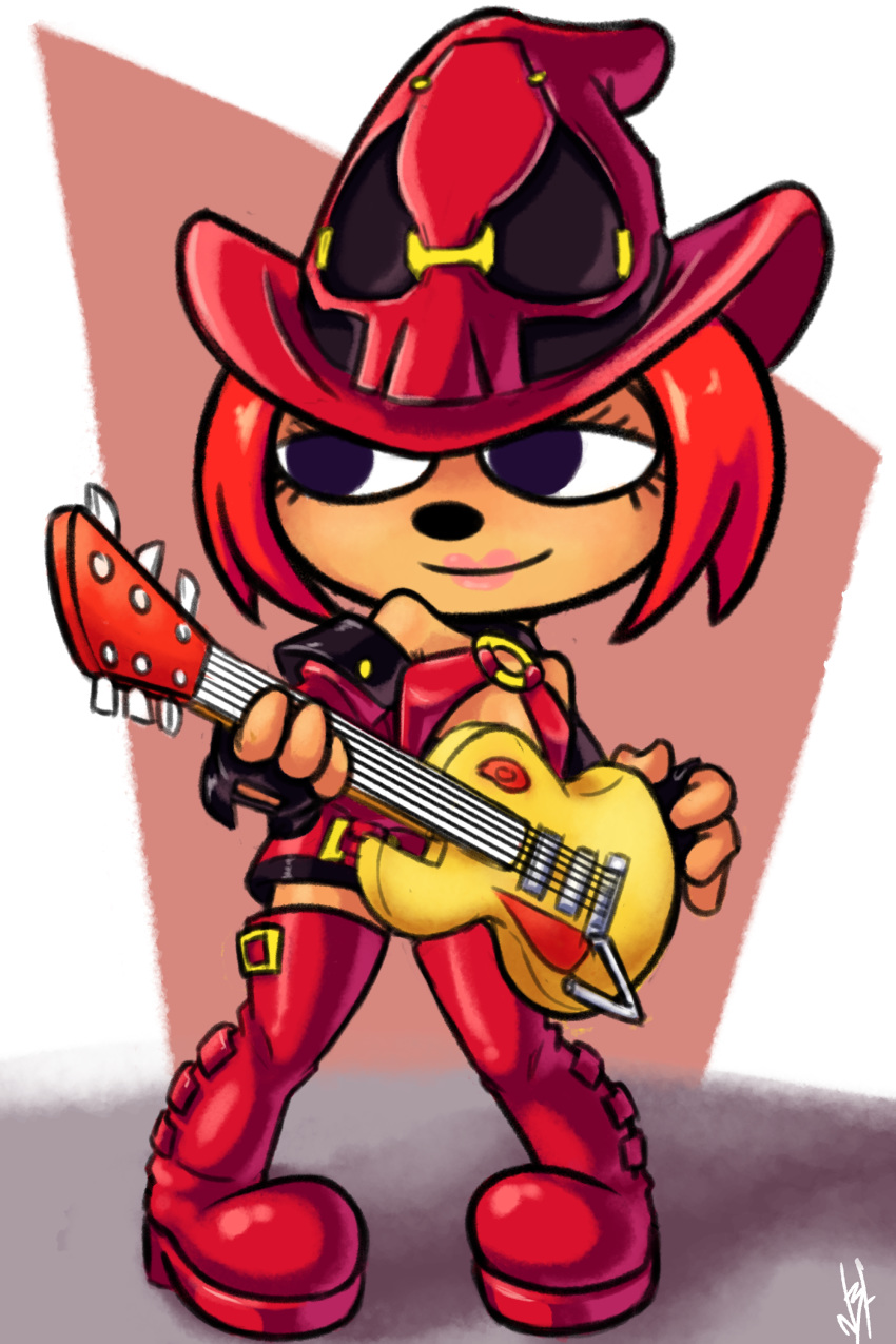 2018 4_fingers anthro blue_eyes boots caprine clothed clothing female fingerless_gloves footwear gloves guitar hair half-closed_eyes hat hi_res lammy_lamb lipstick makeup mammal musical_instrument n3f4str10 parappa_the_rapper pose red_hair sheep smile solo standing um_jammer_lammy video_games