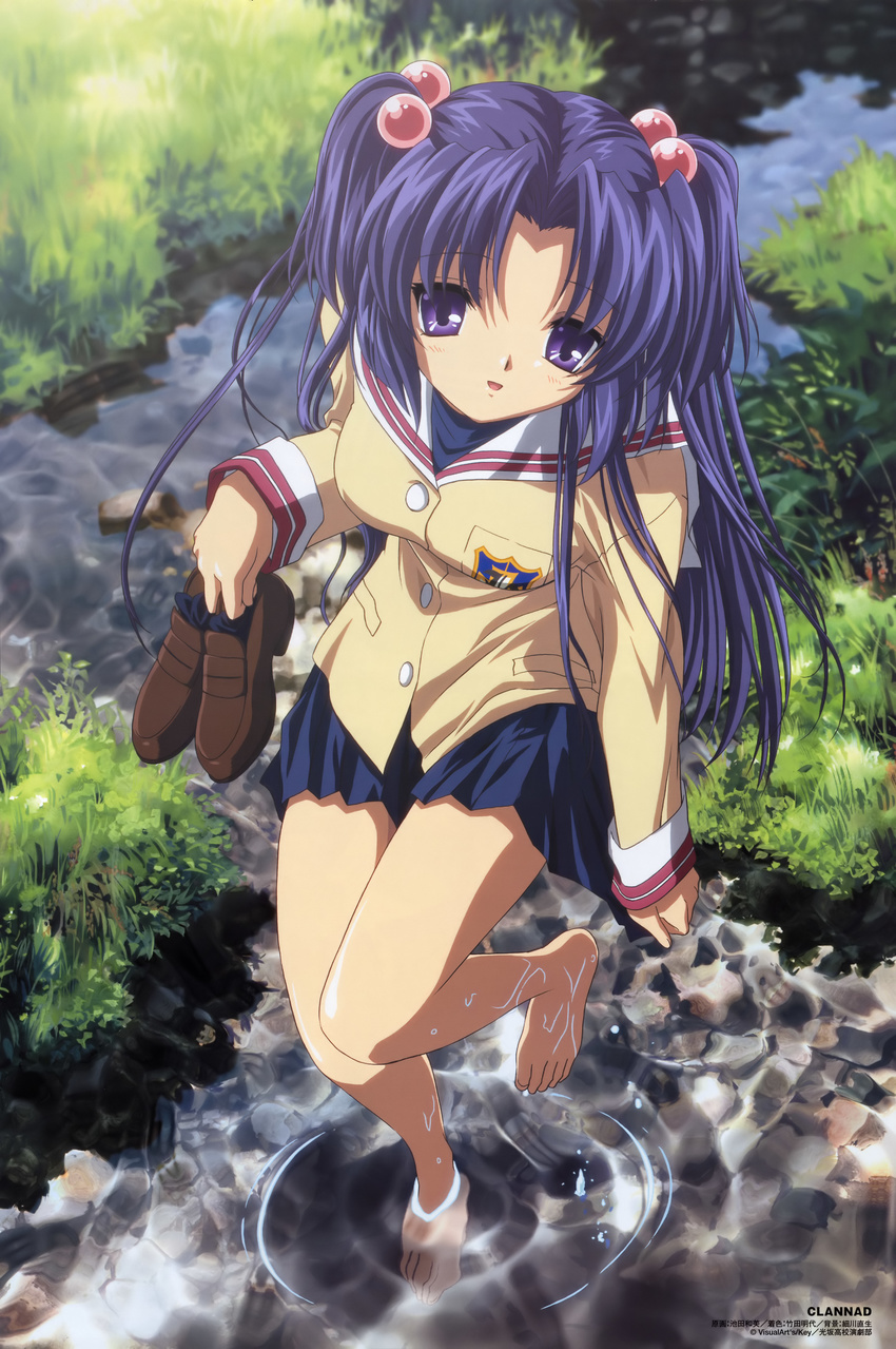 absurdres barefoot blue_hair clannad feet grass hair_bobbles hair_ornament highres hikarizaka_private_high_school_uniform holding holding_shoes ichinose_kotomi ikeda_kazumi loafers long_hair official_art school_uniform shoes sitting soaking_feet solo two_side_up water