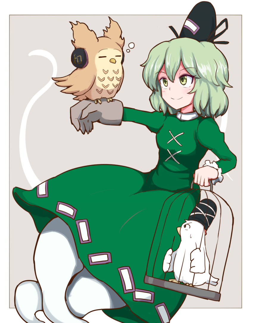 1girl bird bird_on_hand birdcage cage chicken dress earmuffs falconry ghost_tail gloves green_dress green_eyes green_hair hat highres holding_bars mononobe_no_futo mononobe_no_futo_(chicken) nikori owl single_glove sleeping smile soga_no_tojiko sweatdrop tate_eboshi touhou toyosatomimi_no_miko toyosatomimi_no_miko_(owl)