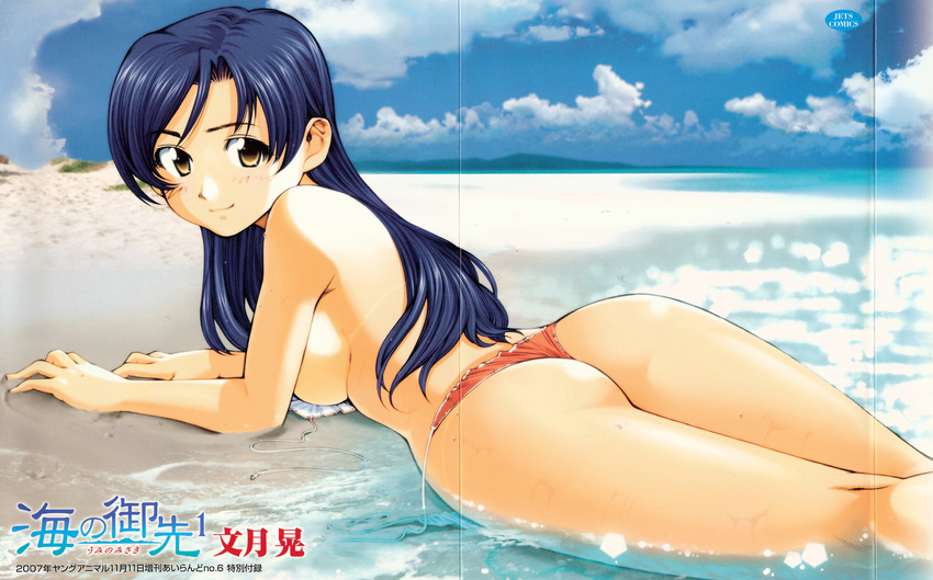 absurdres ass beach bikini bikini_tan blue_hair blush breasts crease day fumizuki_kou highres long_hair lying medium_breasts narumi_shizuku non-web_source on_stomach outdoors scan scan_artifacts side-tie_bikini sideboob solo swimsuit tan tanline umi_no_misaki untied yellow_eyes