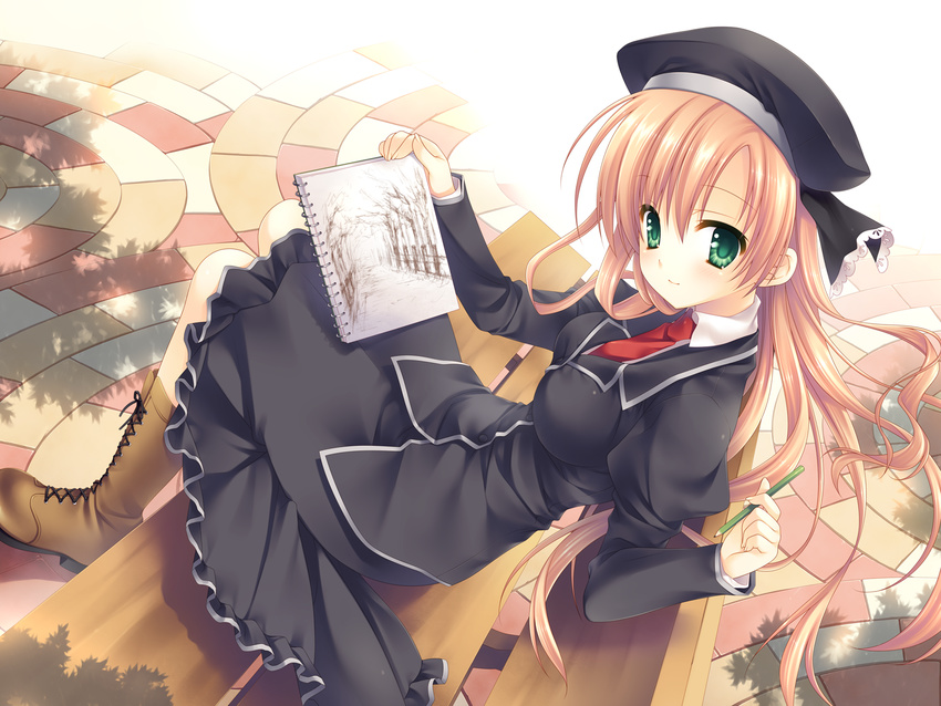 akebi_yusa bench beret book boots brown_hair canvas_3 cross-laced_footwear dress dutch_angle green_eyes hat highres long_hair necktie pencil school_uniform sitting sketchbook smile solo tatekawa_mako wallpaper