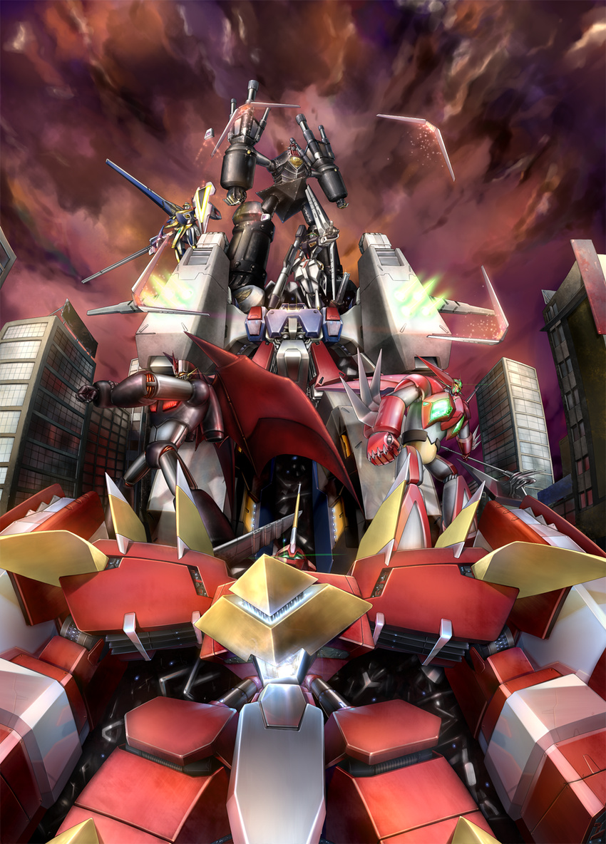 bad_id bad_pixiv_id big_o_(mecha) building char's_counterattack city clenched_hand cloud cloudy_sky fisheye flying from_below getter-1 getter_robo giganscudo glowing glowing_eyes gundam highres holding holding_axe holding_weapon intuos9 light_particles mecha mechanical_wings new_getter_robo no_humans nu_gundam pose railgun shin_mazinger_shougeki!_z-hen sky spikes standing standing_on_shoulder super_robot_wars super_robot_wars_w the_big_o v2_gundam valguard victory_gundam weapon window wings