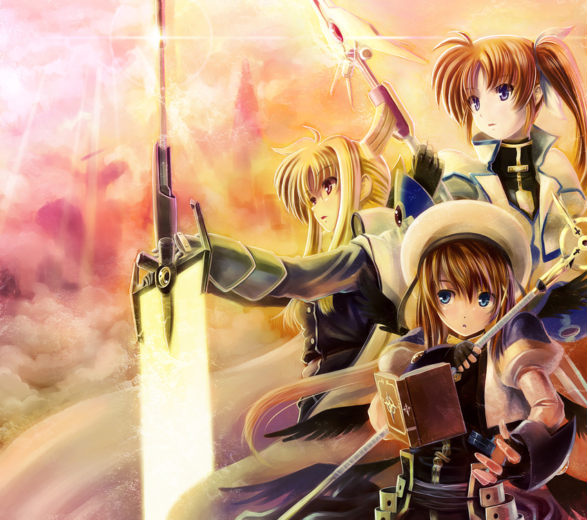 bardiche blonde_hair blue_eyes book brown_hair fate_testarossa fingerless_gloves gloves hat lyrical_nanoha magical_girl mahou_senki_lyrical_nanoha_force mahou_shoujo_lyrical_nanoha mahou_shoujo_lyrical_nanoha_a's mahou_shoujo_lyrical_nanoha_strikers multiple_girls raising_heart red_eyes schwertkreuz takamachi_nanoha tome_of_the_night_sky twintails wings yagami_hayate yone