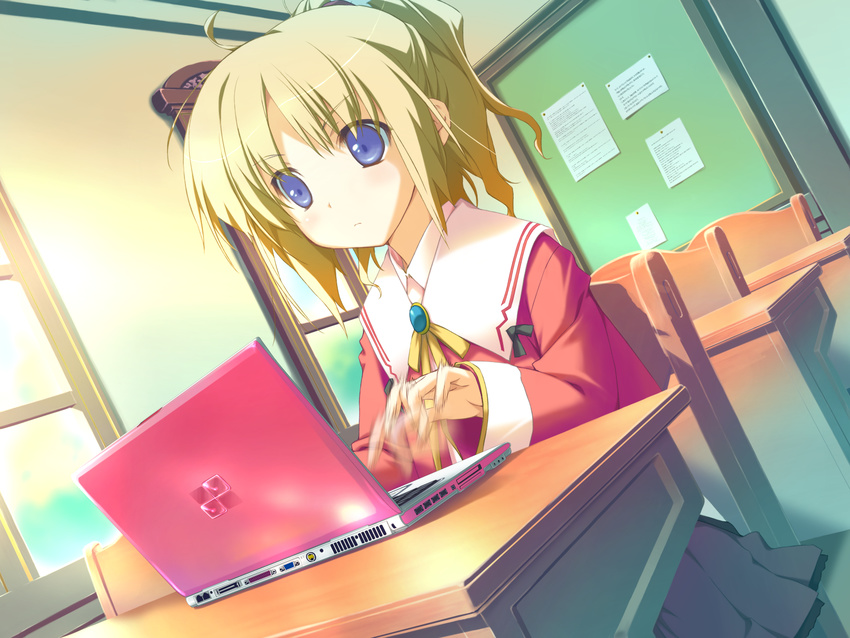 blonde_hair blue_eyes classroom computer game_cg happy_margaret! highres indoors kokonoka laptop minahase_karin_hortensia motion_blur school_uniform solo typing