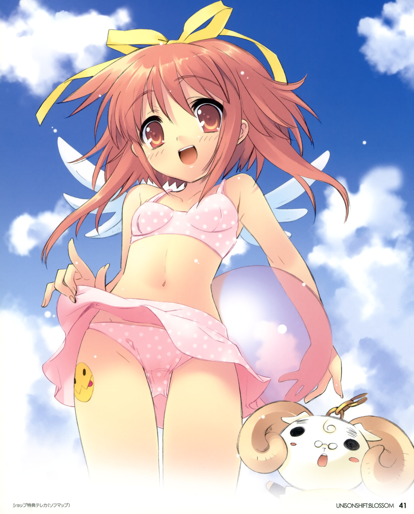 :d absurdres akihime_sumomo blush blush_stickers bra collarbone glasses groin hair_ribbon highres itou_noiji nanatsuiro_drops navel open_mouth panties pink_bra polka_dot polka_dot_panties red_eyes red_hair ribbon scan skirt skirt_lift smile solid_circle_eyes underwear wings yuki-chan