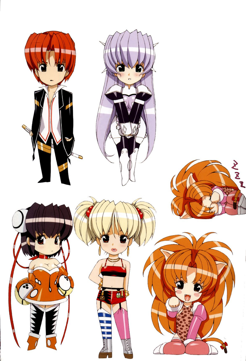 4girls :d animal_ears animal_print armor asymmetrical_clothes asymmetrical_legwear bangs bare_shoulders bell big_hair black_hair black_legwear blonde_hair blush_stickers bodysuit boots bracelet breasts brown_eyes cat_ears cat_tail chibi choker cleavage closed_eyes crevanille_(growlanser) crop_top cross-laced_footwear dress earrings eliza_mayfield everyone fangs flat_chest formal frayne_(growlanser) full_body fur_trim garter_belt gauntlets green_eyes grey_eyes growlanser growlanser_iv hair_bobbles hair_ornament hair_ribbon hairpods hand_on_hip high_heel_boots high_heels highres jewelry jingle_bell large_breasts lavender_hair leona_(growlanser) leopard_print leotard lips lipstick long_hair lying makeup midriff mismatched_legwear multiple_girls necklace official_art on_side open_mouth orange_hair parted_bangs paw_pose pink_legwear purple_bodysuit red_eyes red_hair regina_(growlanser) ribbon scan sheath sheathed shiny shiny_clothes shiny_hair shirt short_dress short_hair short_shorts short_twintails shorts simple_background sitting sleeping smile standing strapless strapless_dress striped striped_legwear suit sword tail tail_bell tail_ribbon thighhighs twintails urushihara_satoshi v_arms very_long_hair wariza weapon zzz