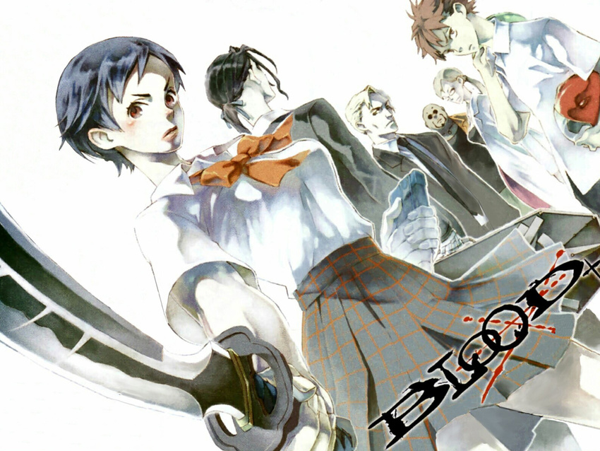 4boys artist_request black_hair blood+ david_(blood+) everyone haji highres julia_silverstein katana lewis_(blood+) miyagusuku_kai multiple_boys multiple_girls otonashi_saya red_eyes school_uniform short_hair sword wallpaper weapon