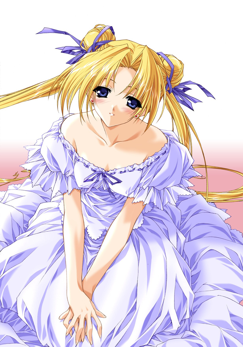 bare_shoulders bishoujo_senshi_sailor_moon blonde_hair blue_bow blue_eyes blush bow breasts collarbone covered_nipples double_bun dress highres long_hair parted_lips sitting small_breasts smile solo suzuhira_hiro tsukino_usagi twintails white_dress