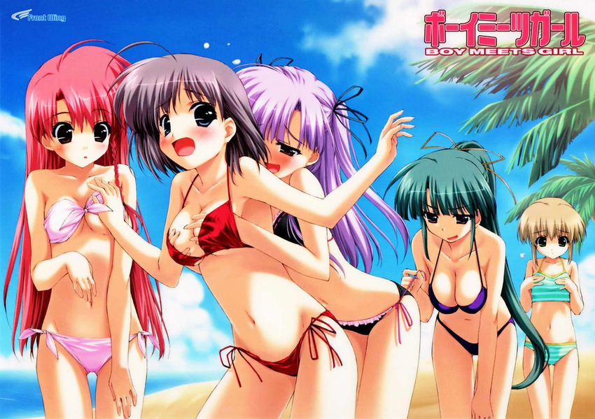 ahoge assisted_exposure bandeau beach bikini bikini_lift blue_eyes blush boy_meets_girl braid breast_envy breast_grab breasts brown_hair cleavage cloud day duplicate everyone flat_chest front-tie_top grabbing green_eyes green_hair grey_hair groping hair_ribbon hand_under_clothes hand_under_swimsuit hands kasugano_haruna kumotani_chizuru large_breasts leaning_forward long_hair lowleg lowleg_bikini multiple_girls naughty_face navel non-web_source open_mouth outdoors palm_tree pink_hair ponytail purple_eyes purple_hair ribbon shingyouji_mao shintarou short_hair side-tie_bikini side_braid sky souma_nanami sports_bikini strapless striped striped_bikini striped_swimsuit surprised surprised_arms swimsuit tankini thigh_gap tree tsubasa_miu tubetop twintails two_side_up underboob very_long_hair