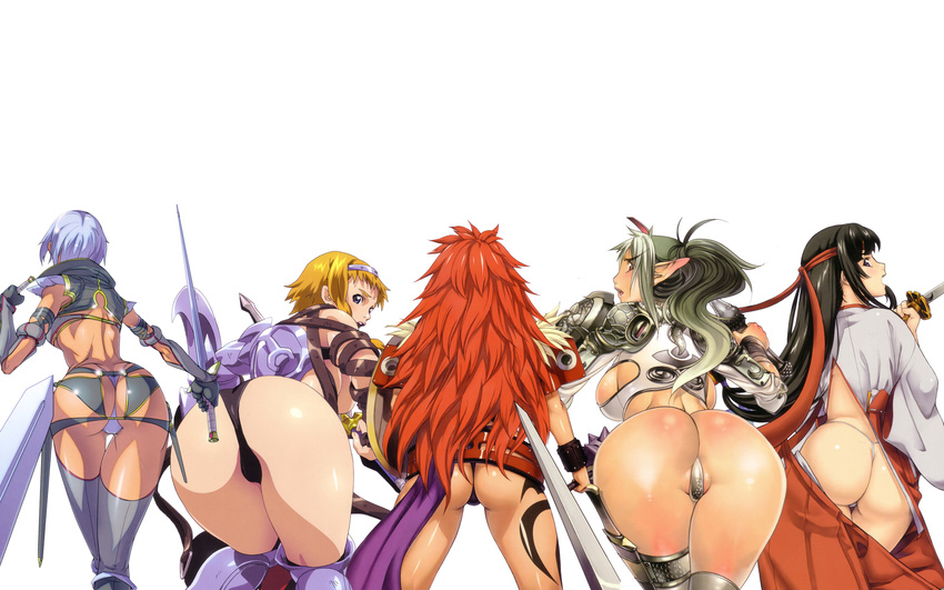 artist_request ass bent_over black_hair blonde_hair blue_hair breasts curvy dark_skin echidna from_behind green_hair hairband headband highres huge_ass irma japanese_clothes large_breasts leina long_hair looking_back multicolored_hair multiple_girls panties queen's_blade red_hair risty short_hair sideboob silver_hair sword take_your_pick tattoo thigh_gap thighhighs thong tomoe two-tone_hair underwear weapon