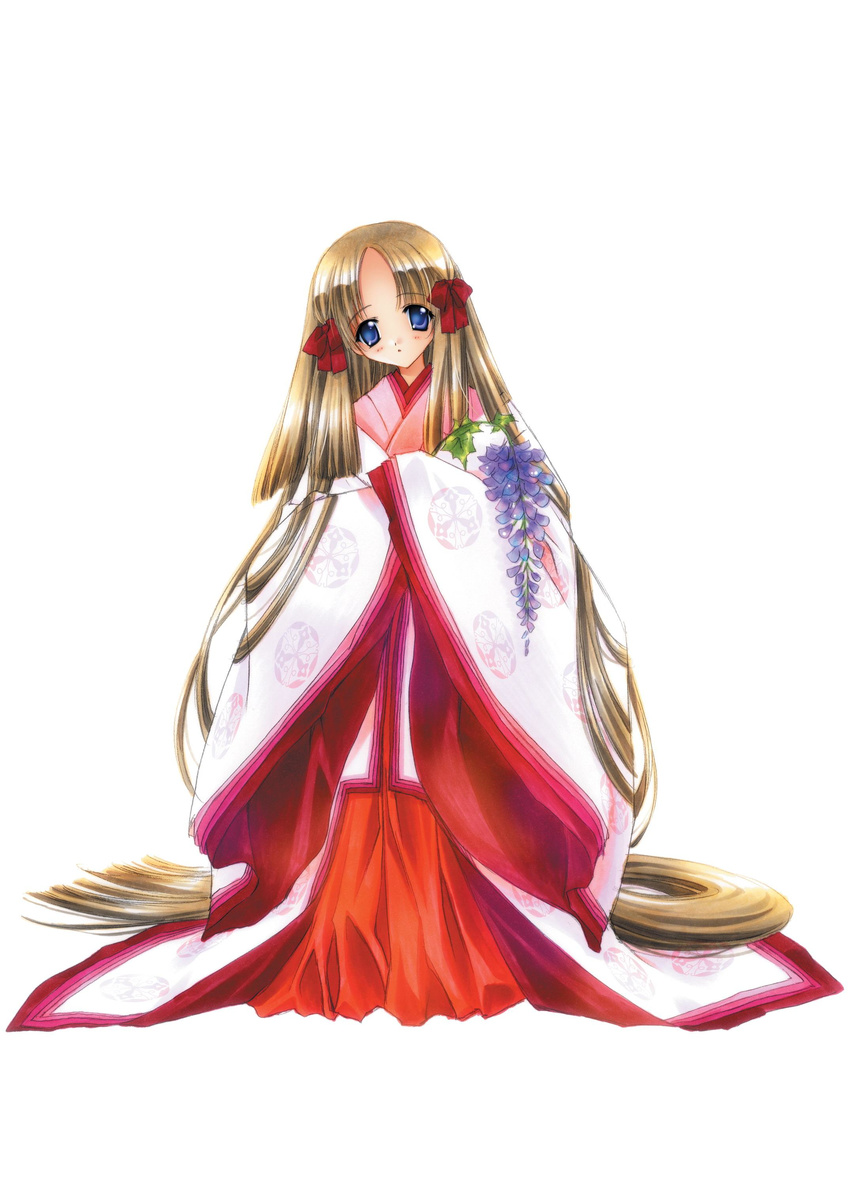 absurdly_long_hair absurdres artbook azuma_hatsumi blonde_hair blue_eyes carnelian flower fujihime full_body highres japanese_clothes kimono long_hair low-tied_long_hair official_art solo very_long_hair white_background wisteria yami_to_boushi_to_hon_no_tabibito