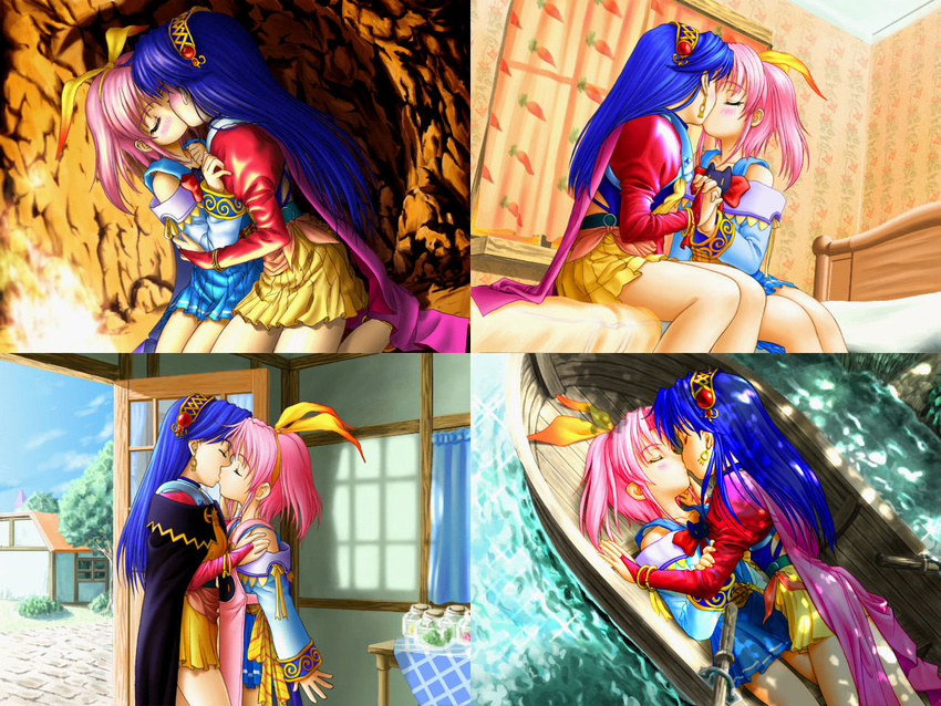 artist_request blue_hair boat couple game_cg hairband interlocked_fingers kiss little_witch_parfait little_witch_reinette lying multiple_girls parfait_sucreal pink_hair pleated_skirt reinette_kirsche skirt watercraft yuri