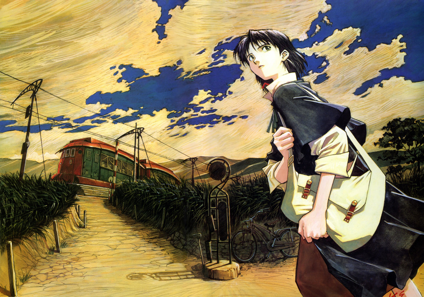 absurdres bag bangs bicycle black_eyes black_hair blue_sky capelet cloud cloudy_sky grass ground_vehicle highres holding holding_bag holding_strap honneamise_no_tsubasa long_sleeves looking_away looking_back looking_up outdoors popped_collar power_lines railroad_crossing riquinni_nonderaiko road road_sign sadamoto_yoshiyuki scan shadow short_hair shoulder_bag sign sky sleeves_rolled_up solo standing train tree