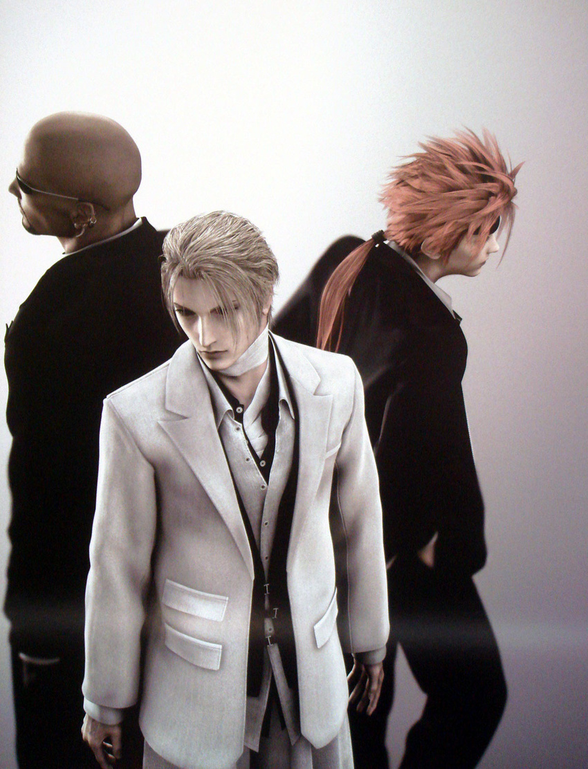 3d bald bandages blonde_hair final_fantasy final_fantasy_vii final_fantasy_vii_advent_children formal highres male_focus multiple_boys naora_yusuke official_art ponytail red_hair reno rude rufus_shinra suit sunglasses turks