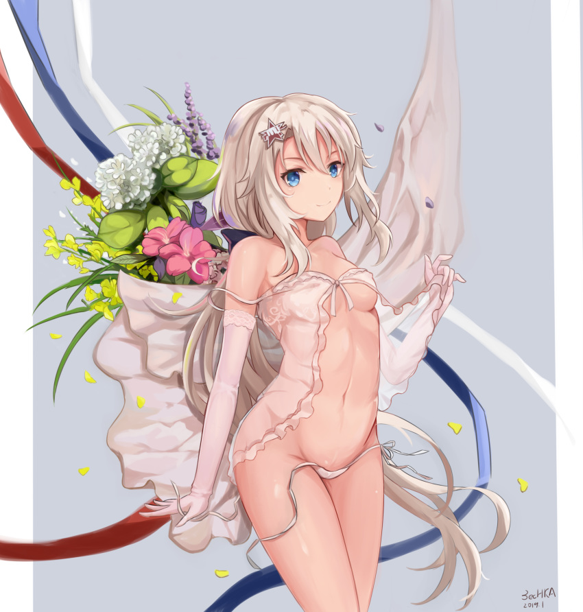 1girl 9a-91_(girls_frontline) absurdres babydoll bangs blue_eyes blush breasts collarbone dated elbow_gloves eyebrows_visible_through_hair flower girls_frontline gloves groin hair_between_eyes hair_ornament highres long_hair looking_at_viewer medium_breasts navel panties scarf sechka side-tie_panties sidelocks signature silver_hair solo star star_hair_ornament stomach strap_slip underwear untied untied_panties very_long_hair