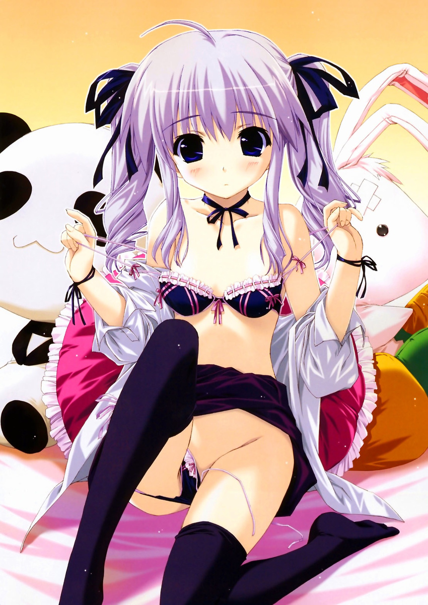 ahoge black_bra black_legwear black_panties blue_eyes blush bow bow_bra bow_panties bra breasts choker dengeki_moeou doll hair_ribbon highres lingerie long_hair non-web_source panties panties_around_one_leg purple_hair ribbon ribbon-trimmed_bra ribbon_choker shintarou side-tie_panties skirt skirt_lift small_breasts solo strap_pull stuffed_animal stuffed_bunny stuffed_panda stuffed_toy thighhighs twintails two_side_up underwear undressing untied untied_panties