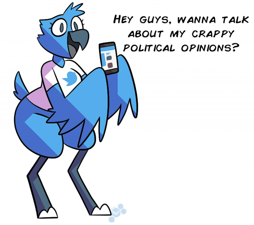 avian bird blue_body bottomless cellphone clothed clothing female phone potoobrigham short solo tweetfur twitter wide_hips