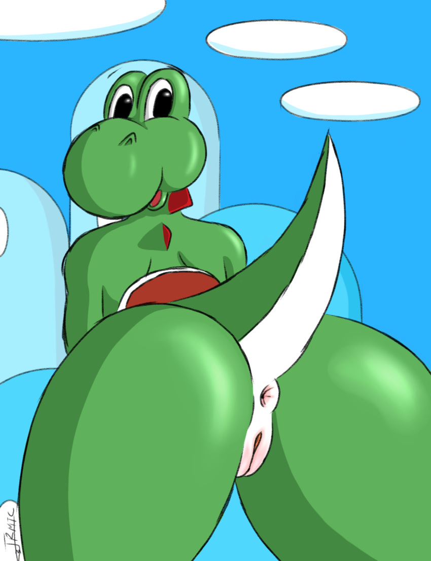 2019 anthro anus butt digital_media_(artwork) female furromantic green_yoshi hi_res looking_at_viewer looking_back mario_bros nintendo nude open_mouth presenting presenting_pussy pussy scalie solo video_games yoshi