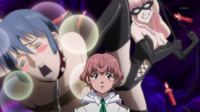 2boys bdsm blush bondage bound chain collar femdom good_end imagining luca_angeloni macross macross_frontier mask multiple_boys saotome_alto screencap sheryl_nome thighhighs whip