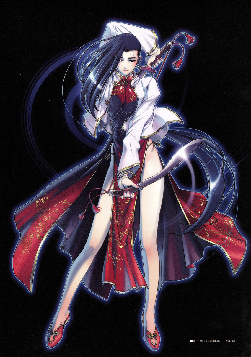 absurdres arm_up black_hair black_lagoon breast_squeeze breasts china_dress chinese_clothes cleavage dress dual_wielding eyeshadow fingernails full_body highres hiroe_rei holding jacket knife kukri large_breasts legs lipstick loincloth long_fingernails long_hair long_legs makeup nail_polish official_art panties red_nails scan shenhua shiny shiny_clothes shoes side-tie_panties side_slit simple_background solo sword thighs turtleneck underwear very_long_hair weapon