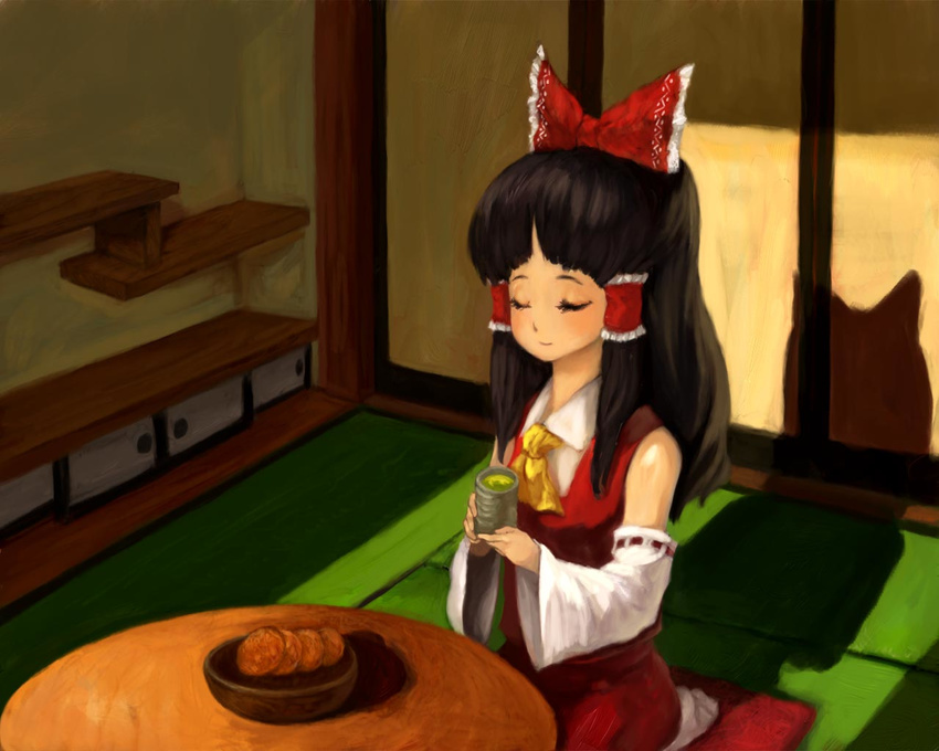 bare_shoulders binayu black_hair bow closed_eyes cup detached_sleeves hair_bow hair_tubes hakurei_reimu indoors long_hair red_bow red_ribbon ribbon ribbon-trimmed_sleeves ribbon_trim shadow sidelocks solo table teacup touhou