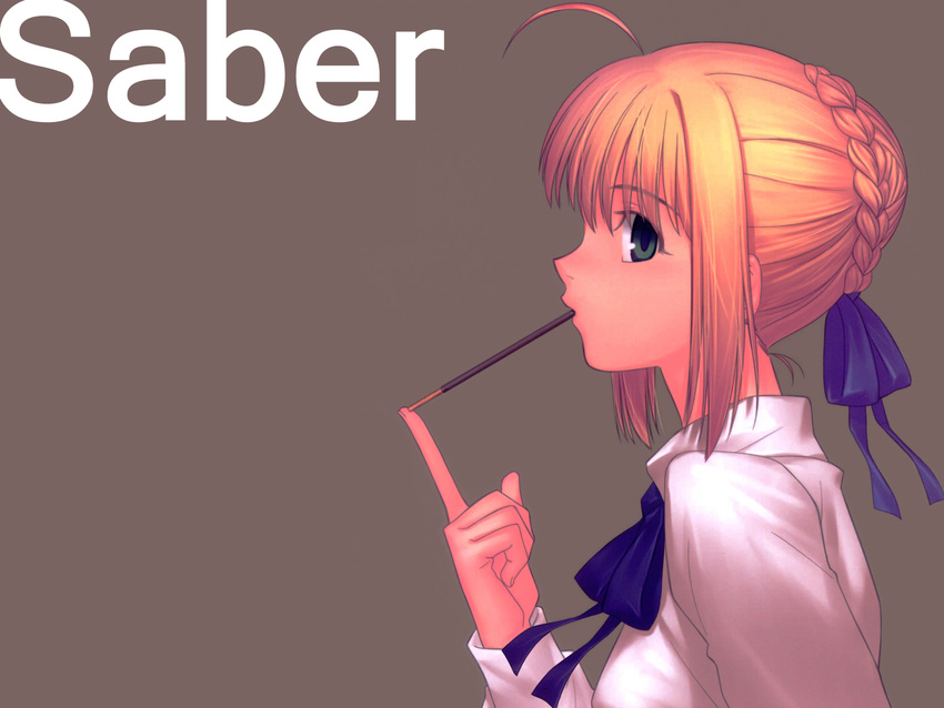 artist_request artoria_pendragon_(all) blouse fate/stay_night fate_(series) food highres pocky ribbon saber solo