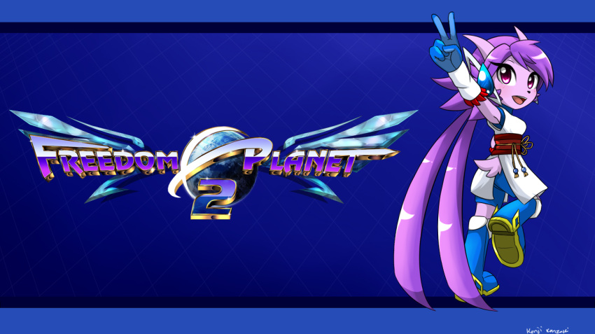 anthro biped blue_background boots clothed clothing dragon english_text female footwear freedom_planet freedom_planet_2 fully_clothed hair horn kenjikanzaki05 long_hair purple_eyes purple_hair sash_lilac scarf simple_background solo text v_sign video_games