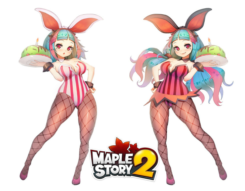 2girls animal_ears bangs blue_hair bracelet breasts bunny_ears bunny_girl bunnysuit candle detached_collar fire food jewelry leotard long_hair looking_at_viewer maplestory maplestory_2 medium_breasts multicolored_hair multiple_girls open_mouth pantyhose pink_eyes pink_hair shoes short_hair simple_background skirt smile spiked_bracelet spikes striped vanilla_(maplestory2) vertical_stripes waitress white_background