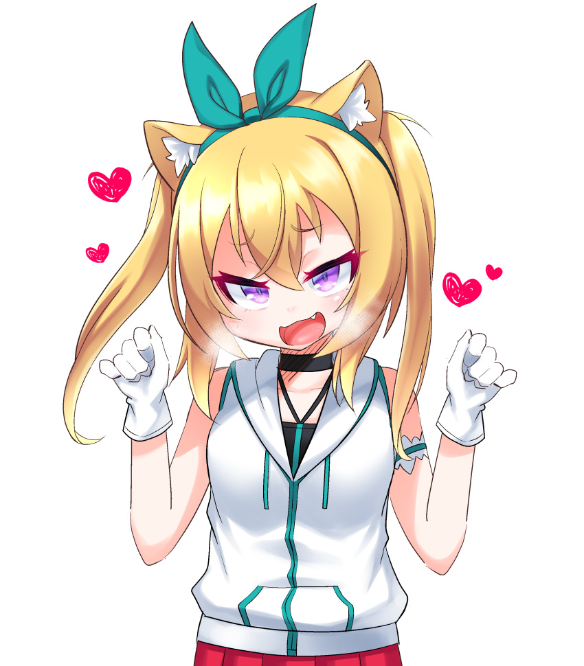 1girl :d absurdres animal_ear_fluff animal_ears bangs bare_shoulders black_choker blonde_hair blue_hairband blue_ribbon blush cat_ears choker collarbone commentary_request eyebrows_visible_through_hair fang gloves hair_between_eyes hair_ribbon hairband hands_up heart heavy_breathing highres hood hood_down hooded_jacket jacket kirisame_mia original pleated_skirt purple_eyes red_skirt ribbon simple_background skirt sleeveless sleeveless_jacket smile solo twintails white_background white_gloves white_jacket