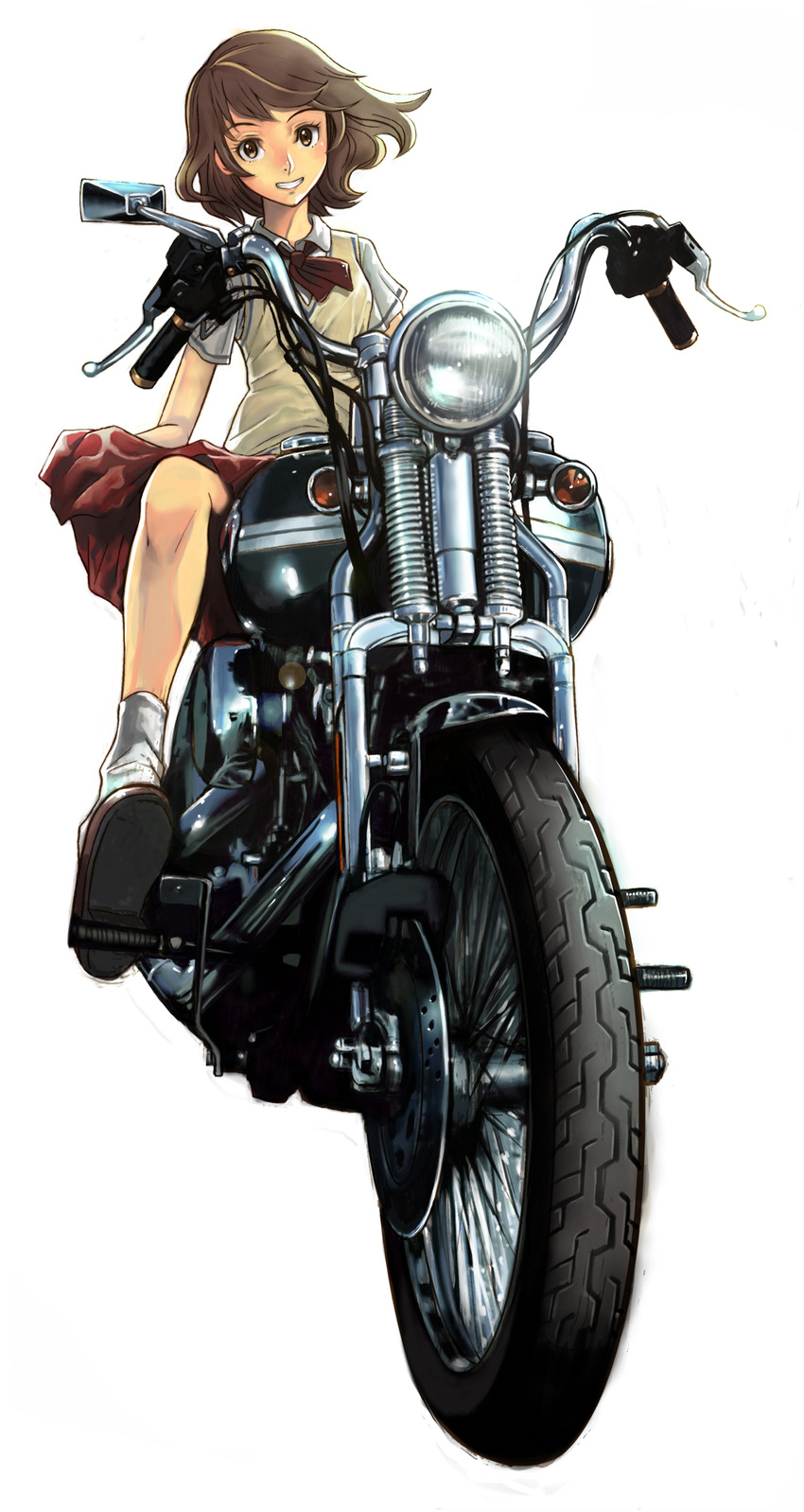 boyaking brown_eyes brown_hair ground_vehicle highres legs motor_vehicle motorcycle original ribbon school_uniform shoes simple_background sitting skirt smile socks solo vest