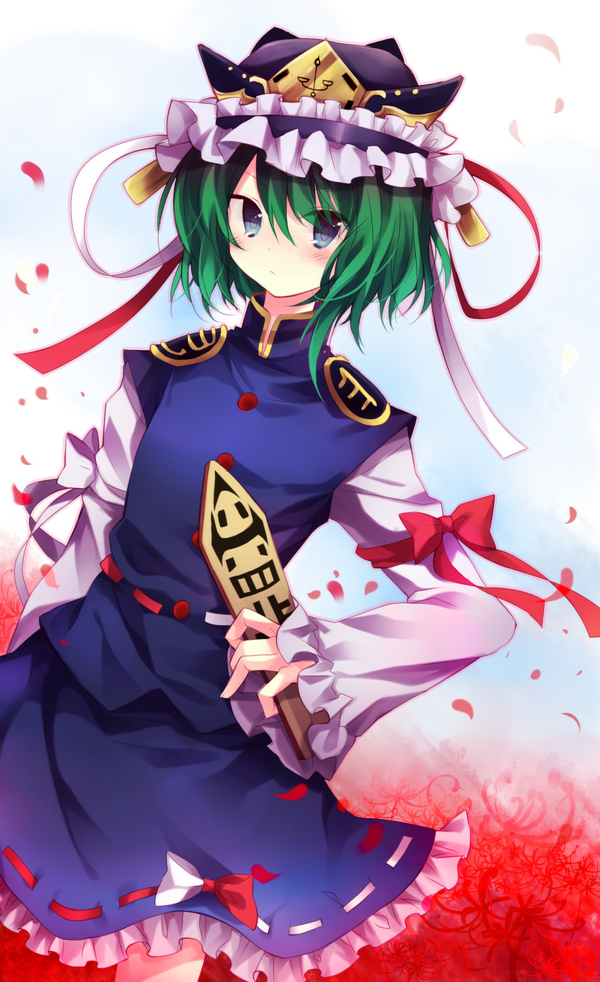 absurdres bad_id bad_pixiv_id blouse blue_eyes blush bow frills green_hair hat highres ibara_riato long_sleeves looking_at_viewer ribbon rod_of_remorse shiki_eiki shirt short_hair skirt skirt_set solo touhou