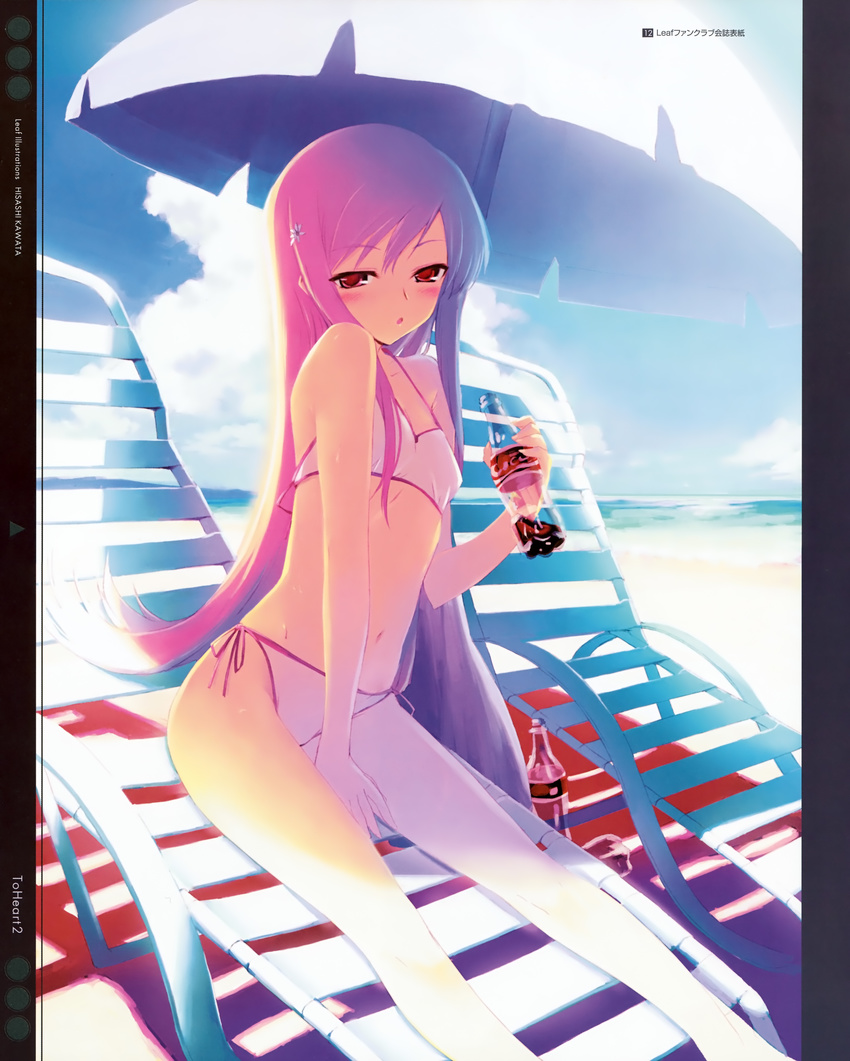 absurdres artist_name beach beach_chair beach_umbrella between_legs bikini blush bottle breasts cloud coca-cola copyright_name day drink hair_ornament hairpin hand_between_legs highres holding holding_bottle kawata_hisashi long_hair lucy_maria_misora navel ocean open_mouth outdoors pink_hair red_eyes side-tie_bikini sitting sky small_breasts soda_bottle solo swimsuit to_heart_2 umbrella white_bikini