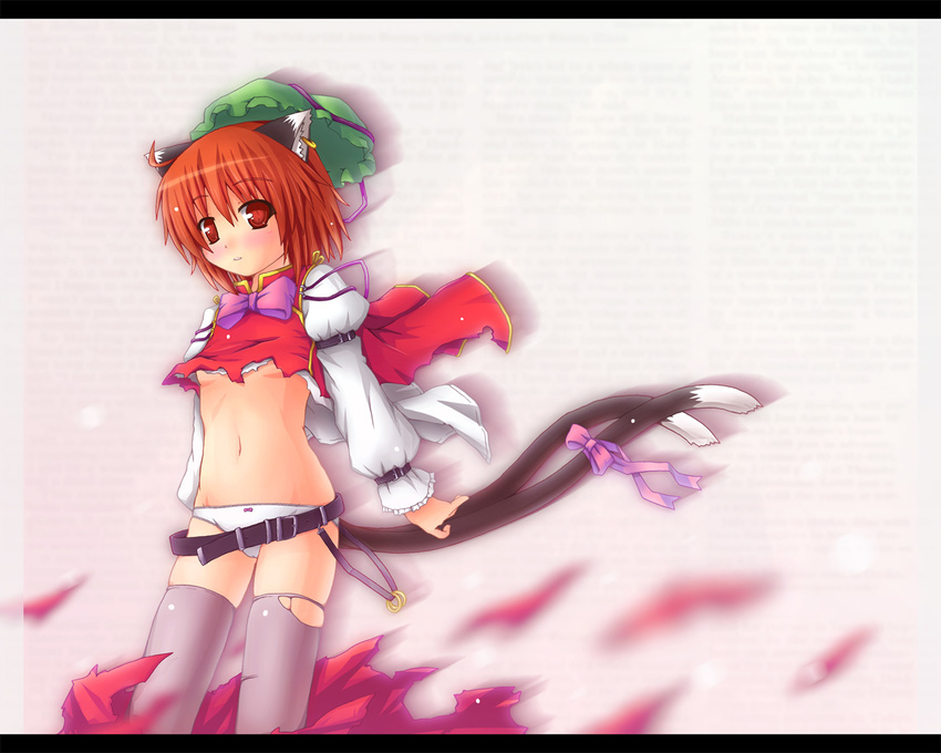 animal_ears belt bow breasts cat_ears cat_tail chen earrings etogami_kazuya hat jewelry panties red_eyes red_hair small_breasts solo tail thighhighs torn_clothes touhou underboob underwear