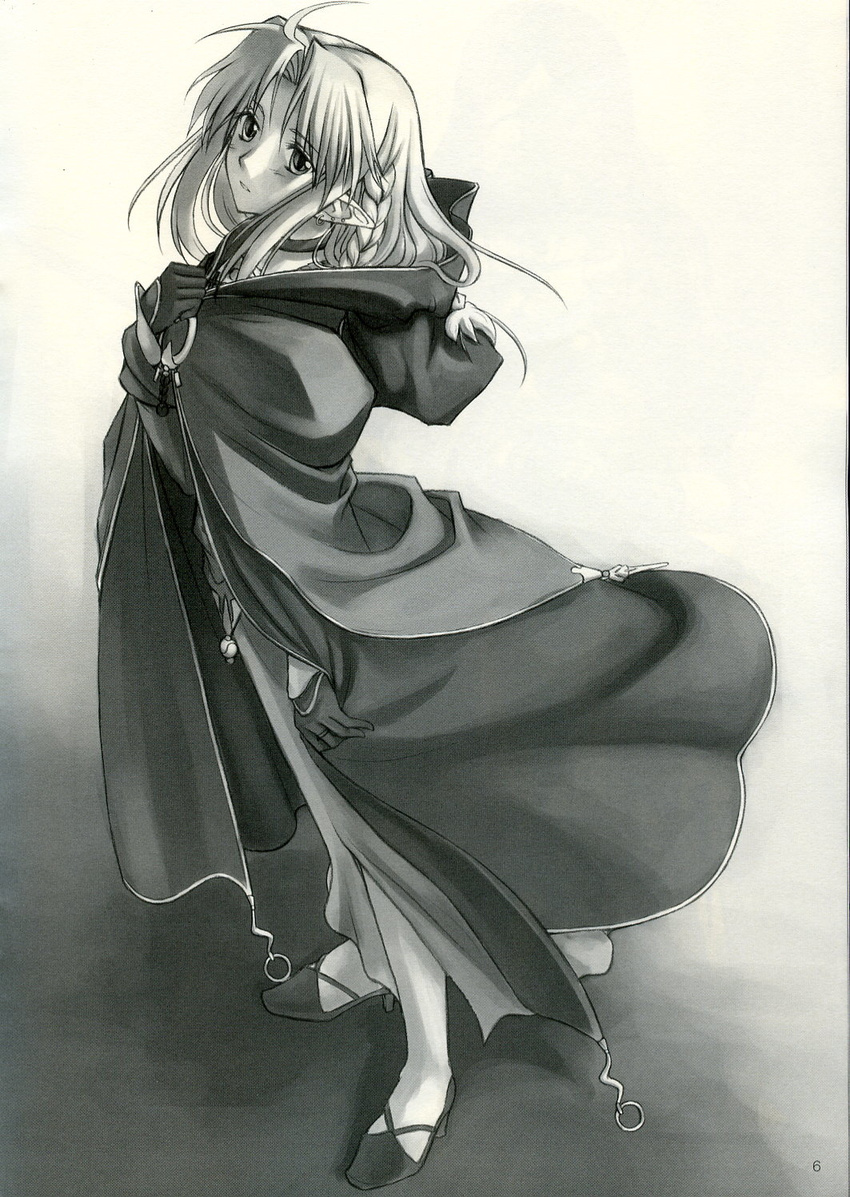 artist_request braid caster cloak dress fate/hollow_ataraxia fate/stay_night fate_(series) highres long_dress monochrome pointy_ears