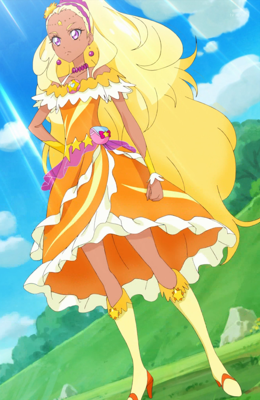 absurdres amamiya_erena blonde_hair boots cure_soleil highres long_hair precure purple_eyes screencap star_twinkle_precure stitched tan thigh_boots thighhighs third-party_edit