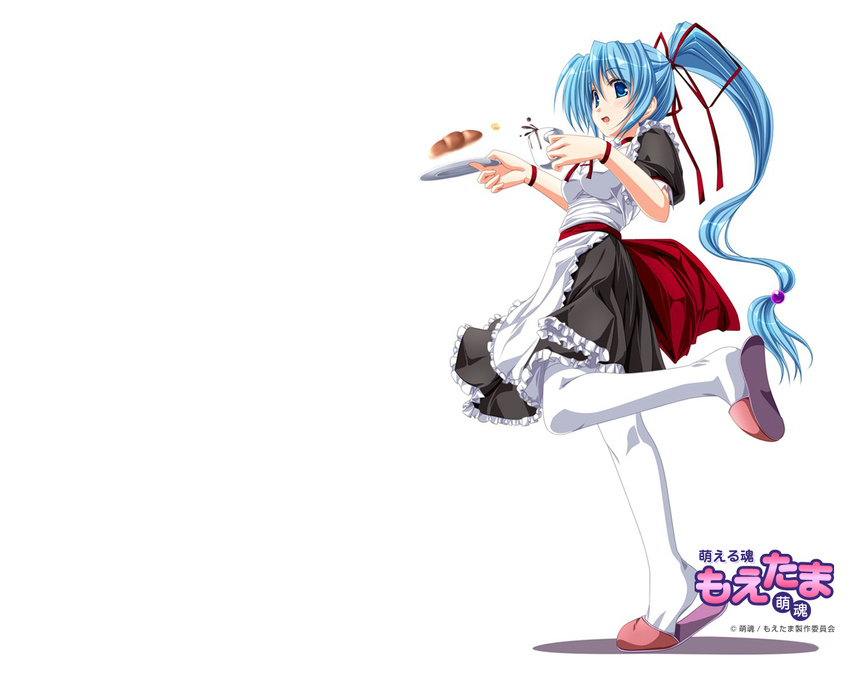 blue_hair cafe copyright_request maid ponytail solo tenmaso thighhighs waitress wallpaper