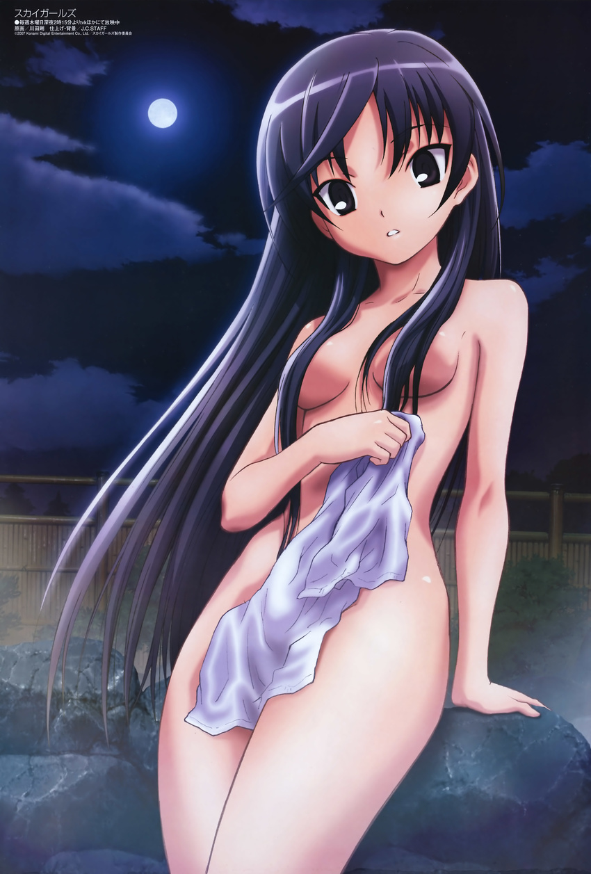 2007 absurdres arm_support black_eyes black_hair breasts cloud collarbone company_name convenient_censoring copyright_name fence full_moon hair_censor hair_over_breasts head_tilt highres holding holding_towel ichijou_eika kawada_tsuyoshi long_hair looking_at_viewer medium_breasts megami moon night nude number official_art onsen outdoors parted_lips plant rock scan sky sky_girls solo towel tsurime very_long_hair watermark white_towel