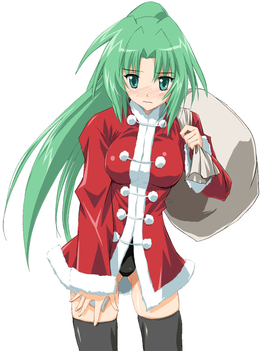 blush christmas green_hair highres higurashi_no_naku_koro_ni pin.x ponytail santa_costume solo sonozaki_mion thighhighs transparent_background