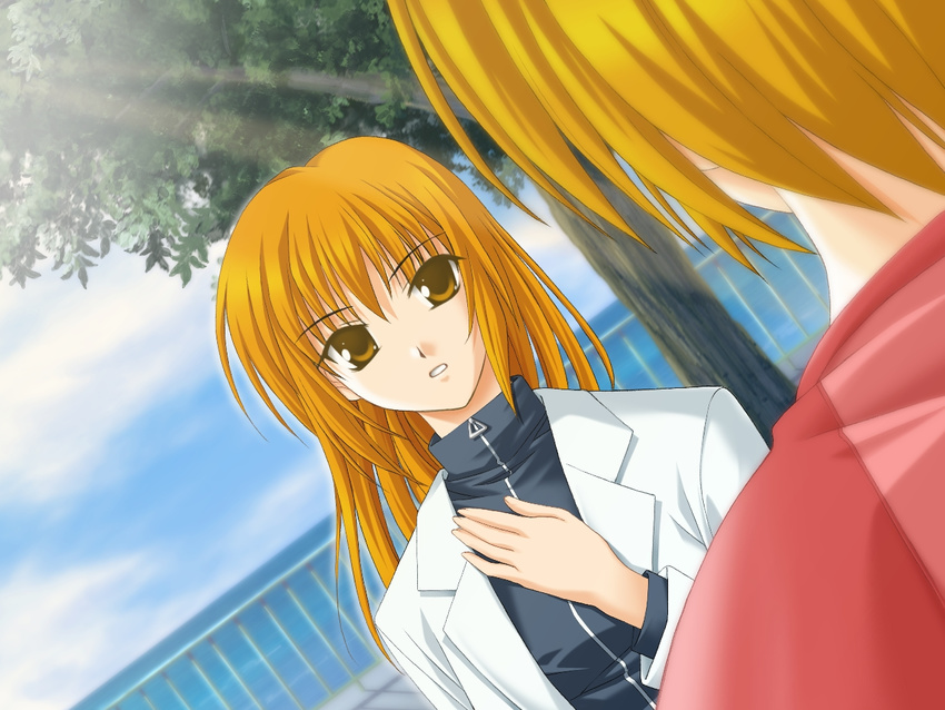 blonde_hair cloud day dutch_angle ever_17 fence from_behind game_cg hands labcoat long_hair multiple_girls outdoors raglan_sleeves short_hair sky spoilers takigawa_yuu tanaka_yubiseiakikana tanaka_yubiseiharukana tree water yellow_eyes