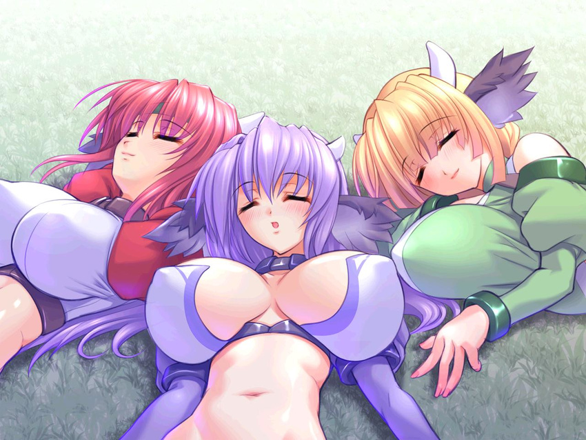 animal_ears bandeau bangs bikini blonde_hair blush breasts breasts_apart cleavage closed_eyes covered_nipples cow_horns crop_top cropped_jacket detached_sleeves eina_brahms fingernails from_above game_cg grass green_hair gunner-l halterneck headband hips horns huge_breasts jewelry light_smile long_fingernails long_hair lying meru_cavaliere multiple_girls nail_polish navel neck_ring on_back on_ground on_side open_mouth outdoors puffy_sleeves purple_hair red_hair reon_bardot saa_ushi_da! short_hair sleeping smile swimsuit turtleneck upper_body very_long_hair