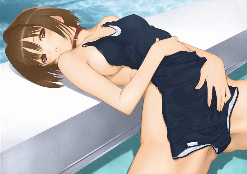 breasts brown_eyes brown_hair choker clothes_in_front copyright_request covering large_breasts nude_cover one-piece_swimsuit pool school_swimsuit sideboob solo swimsuit tanaka_takayuki water